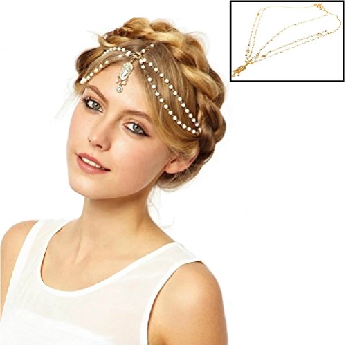 Gold Tone Indian Style Hair Pendant Circular Head Chain Headpiece. Crystal Water Drop. (Double Pearl Layer) 13.6" X 23.3 X 1.7.