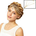 Gold Tone Indian Style Hair Pendant Circular Head Chain Headpiece. Crystal Water Drop. (Double Pearl Layer) 13.6" X 23.3 X 1.7.
