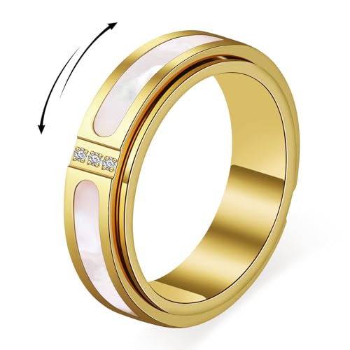 Fidget Spinner Ring for Women:18K Gold Plated Stainless Steel with Mother of Pearl Shell & Cubic Zirconia, Anxiety Relief Spinning Jewelry Gift for Birthday Wedding Engagement Anniversary - color: CZ Shell Spinner Ring_Gold, size: Size 6