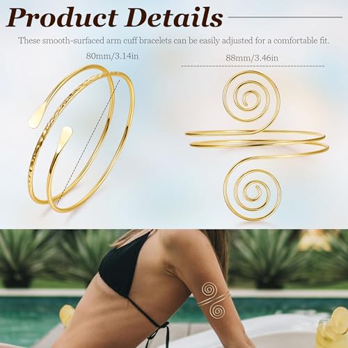 2Pcs Gold Arm Cuff for Women Adjustable Arm Cuff Bracelet Minimalist Open Coil Upper Arm Band Cuff Bangle Set - style: Gold E