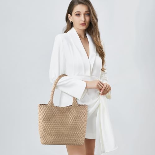 Hand Woven Bag Tote BagS For Women Top Handle Shoulder Vegan Leather Large Travel Beach Hobo Handbag - color: Apricot