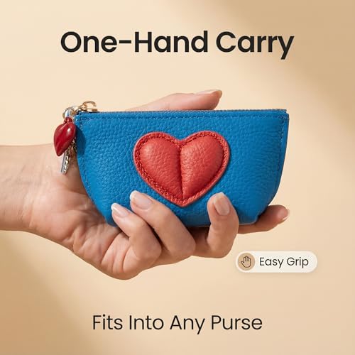 Red Heart Design Small Coin Purse - Cute Compact Keychain Change Purse Soft Leather Wallet with Zipper for Women (Blue) - color: Blue