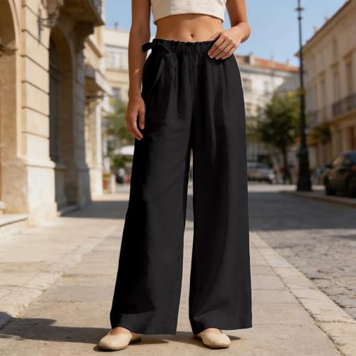 JiXiang Women's Palazzo Pants Wide Leg Boho High Waisted Side Drawstring Lounge Trousers Flowy Casual Loose Lightweight Pants - color: 1-black, size: Medium