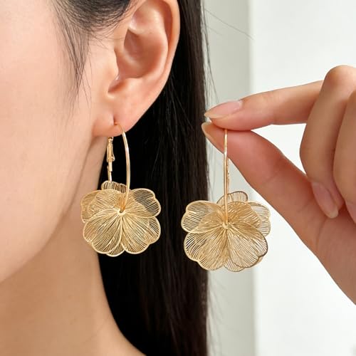 Gold Silver Filigree Floral Dangle Earrings for Women, Long Drop Statement Earrings for Vintage Wedding Jewelry - style: Gold Floral Hoop Earrings