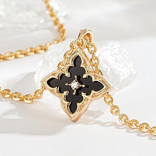 Fettero Gold Clover Necklace for Women Dainty 14K Gold Plated CZ Pendant Necklace Adjustable Chain Choker Charm Colorful Clover Pendant Lucky Necklaces for Women Jewelry - color: Black Onyx