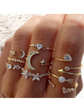 Gold Stackable Rings Set Moon Star Design Adjustable Rings for Everyday Wear Mid FingerPinky Ring Trendy Jewelry Gifts - color: J