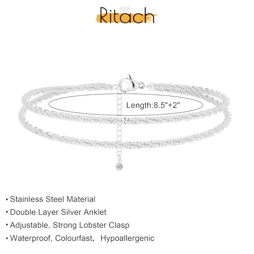 Ritach Ankle Bracelets for Women - Silver/Gold Plated Stainless Steel Anklets for Women Waterproof Layered Cuban Link Figaro Chain Heart Anklets Set Summer Beach Jewelry Gifts - color: Silver-Layered Sparkle Glitter