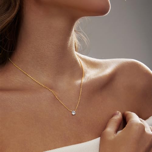 Luxval Diamond Pendant Gold Necklace for Women，Dainty 18k Gold Plated Choker Necklaces Simple Gold Jewelry Gifts for Women Girls - color: Gold-Round CZ