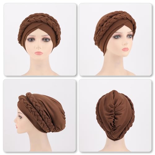 African Women Turban Caps Pre-Tied Twisted Turbans Head Scarf for Women Hair Wraps Cover Beanie Cancer Chemo Headwear - color: 1 Pack Double Twisted Braid A: Coffee