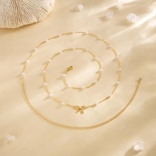 CHESKY Waist Beads for Women, Dainty 14k Gold Plated Waist Chain Beach Accessories Cute Belly Chain Body Chain Gold Chain Belts for Women Summer Beach Jewelry for Womens Gifts Rave Outfits for Womens - style: Pearl Bow