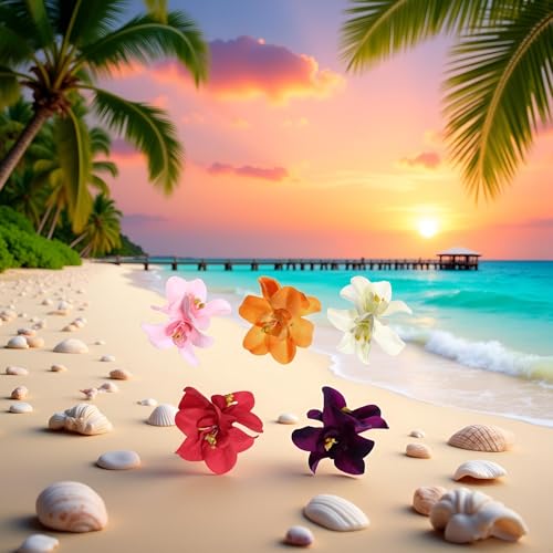 Bohemian Hawaiian Hibiscus Hair Clips and Barrettes in Colors - 5 Pcs Artificial Flower Hairpins for Seaside Holiday, Bridal Headwear