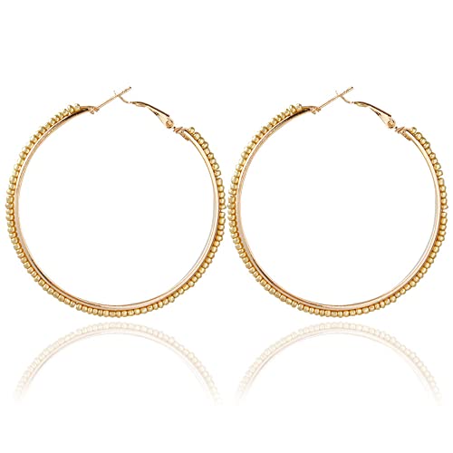 2 Pairs Bohemian Colorful Beads Circle Round Hoop Earrings Gold Hoop Dangle Earrings for Women Vintage Boho Jewelry - color: yellow