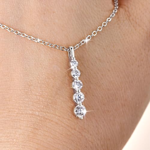 Moissanite Drop Pendant Necklace for Women, 0.92 CT 14K Gold Filled 5-Stone Round Pendant, Trendy Jewelry Gift for Wife Mother Birthday Anniversary Valentines Wedding - color: Silver