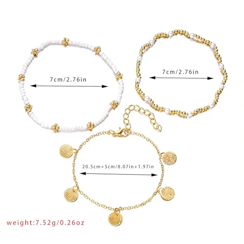 Starfish Seashell Ankle for Women ，14K Gold Bead Handmade Adjustable Plated Boho Shell Anklet ， Foot Chain Jewelry for Summer Beach Vacation - color: Seashell 3Pcs