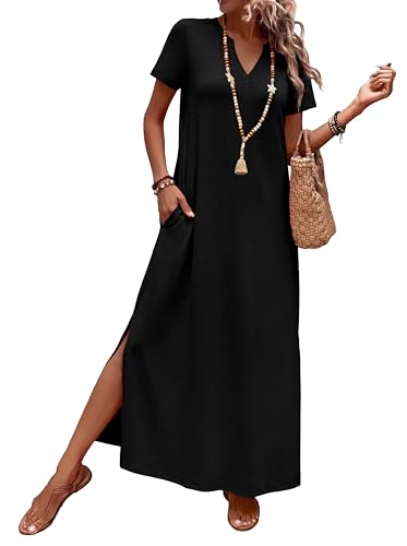 OFEEFAN Summer Dresses for Women 2026 Maxi Dress Short Sleeve Sundresses with Pockets Beach Vacation Spring Outfits - color: Black, size: X-Large