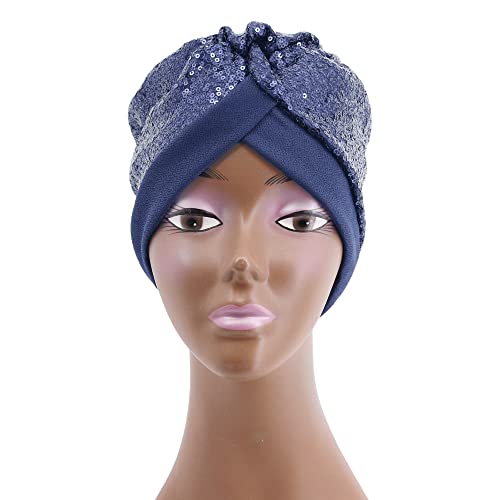 Erinaco Women Sparkle Sequin African Turban Bow Knot Pre-Tied Cap Pleated Ruffle Bonnet Beanie Hat Headwrap Skull Caps - color: Sparkle Navy Blue
