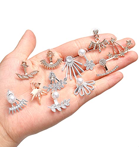 Tornito 6-12 Pairs Lotus Flower Earring Studs Chic CZ Earrings Jackets For Women Silver Rose Gold Tone - color: G:12 Pairs,Silver&Rose Gold Tone
