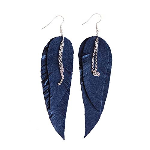 Black shiny Leather Feather Earrings for Women, Lightweight Minimal Boho Dangle Earrings, Small Simple Everyday Jewelry - color: Dark blue