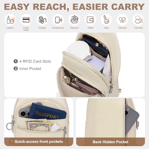 SYTRAH Sling Bag for Women, Anti-Theft RFID Crossbody Bag Nylon Sling Purse for Travel, Puffy Small backpack - color: Beige