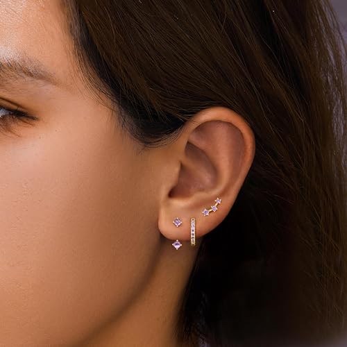 3 Pairs Dainty Small 4th of July Earrings for Women Trendy, Birthstone Stud Huggie Hoop Jacket Stack for Cartilage Helix, Gold Plated Hypoallergenic Cute Women Fashion Accessories Western Jewelry Gifts - color: 06Purple Created Alexandrite-June (Gold)