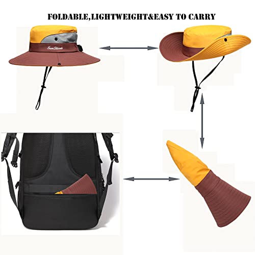 Womens Summer Sun Hat Beach Hat Wide Brim Outdoor UV Protection Hat Foldable Cool Mesh Ponytail Bucket Hat - color: Yellow-brown