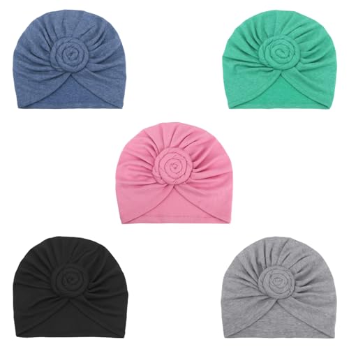 DRESHOW 5 Pack Knotted Headwraps for Women African Turban Pre-Knotted Beanie Headwraps Hair Covers - color: 5 Pack Donuts: Blue, Lake Green, Pink, Grey, Black