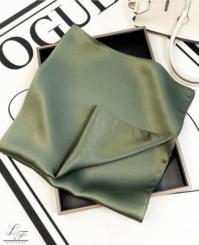 Hioyiwse Satin Square Scarf for Women Solid Color Emulation Silk Handkerchief Hair Ribbon Headband Handbag Purse - color: D14-army Green(23.6*23.6inch)