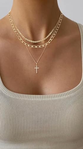 Layered Gold Necklaces for Women Dainty 14k Gold/Silver Plated Stackable Choker Necklaces Trendy Cuba Cross Circle Pendant Necklaces Set Jewelry Gifts for Women