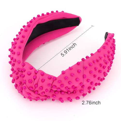YISSION 1PC Pearl Knotted Headband for Women Non Slip Beaded Headband Wide Pearl Headbands Jeweled Embellished Hairband Hot Pink Head Band Hair Accessories for Women Girls