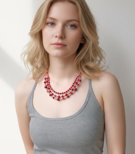 Noessla Beaded Statement Necklaces for Women Layered Chunky Bead Necklace Fashion Costume Jewelry Gifts for Mom - color: Red