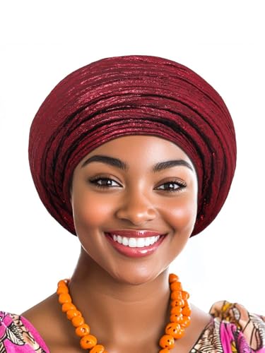 Woeoe African Head Wraps for Black Women Gold Pre Tied Headdress Wedding Turban Hats - color: Burgundy