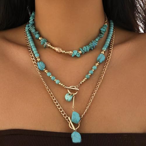 Gold Turquoise Beaded Necklace for Women Layered Bead Necklaces Vintage Turquoises Choker Necklace Boho Turquoises Jewelry Western Handmade Toggle Jewelry - color: 3PCS Turquoise Necklace