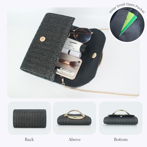 Straw Clutch Purses for Women,Summer Beach Bag,Woven Evening Handbags with Chain,Trendy Metal Handle Purses 2026 - color: Black