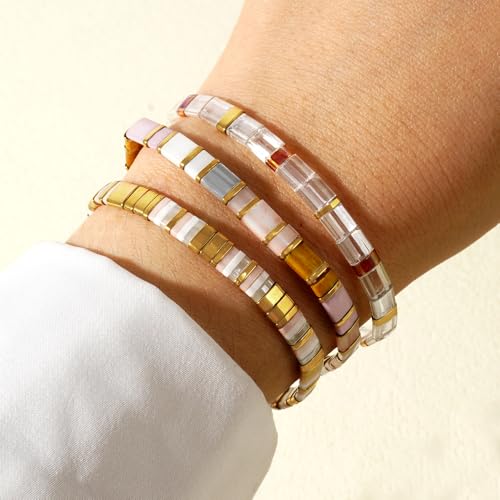 Tila Flat Square Stack Beaded Bracelets Set for Women Men, Boho 3Pcs Romantic Handmade Healing Gold Colorful Stretch Accessories Jewelry, Daily Vacation Party Holiday Friendship Gift - color: Light Pink