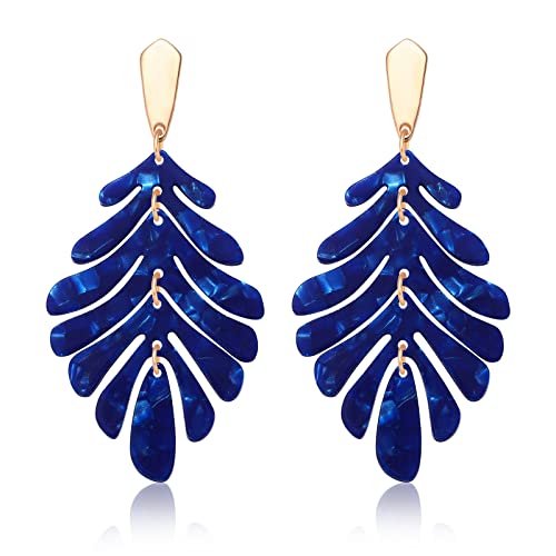 ARATLENCH Acrylic Pendant necklace Earrings – Long Statement Leaf Charm Necklace Tortoise Resin Palm Leaf Earrings Fashion Necklaces Earrings for Women - color: deep blue earrings