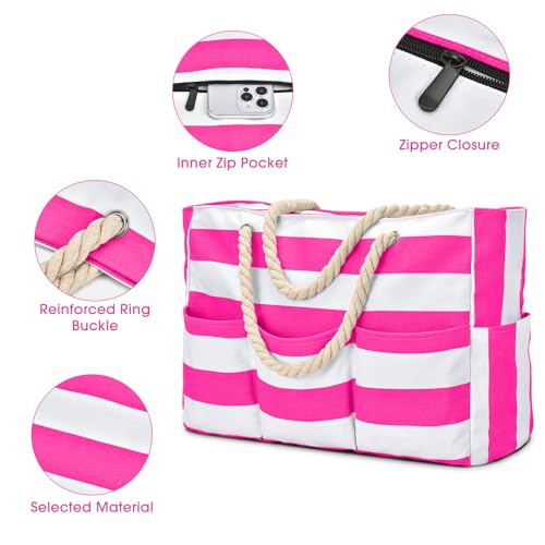 Becokan Beach Bags for Women Canvas Large Beach Tote Bag Zipper Waterproof Sandproof Foldable Swim Pool Bag with 7 Pockets - color: Hot Pink