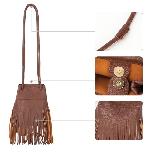 Women Leather Fringe Messenger Bag Mini Hobo Crossbody Tassel Shoulder Bags - color: Solid-coffee