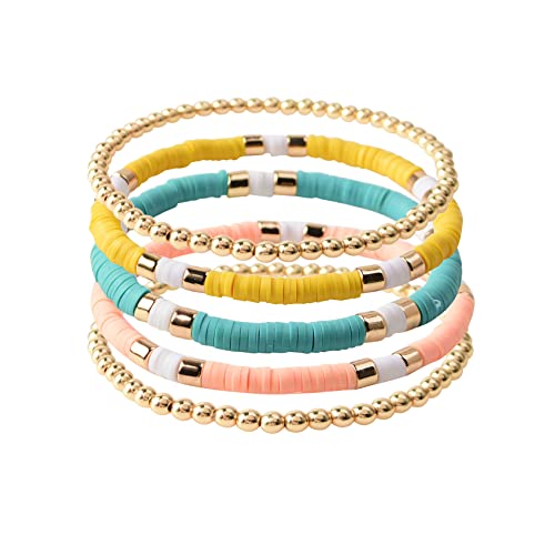 GOOJIDS Surfer Heishi Clay Bead Bracelets for Women Bohemian Stackable Gold Plated Beaded Stretch Bracelets Elastic Layering Friendship Bracelets Set Boho Jewelry - color: A-Multicolor 5pcs