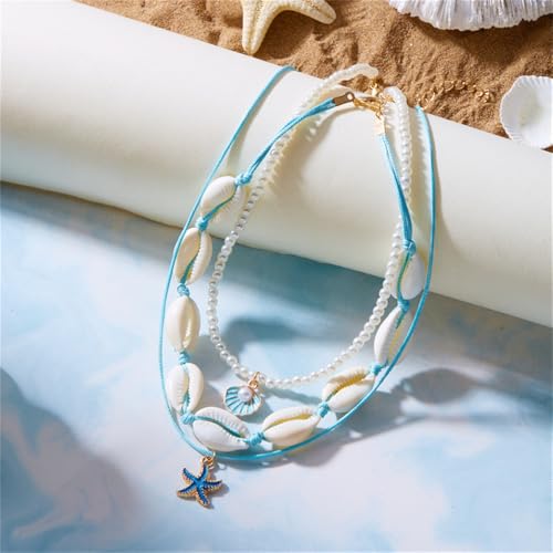 Shell Beach Choker Necklace Set for Women Boho Layered Beaded Adjustable Starfish Conch Shell Nacklace Imitaion Pearl Rice Beads Necklace Summer Ocean Vacation Jewelry - color: Blue