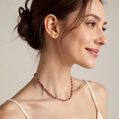 Beaded Gemstone Necklaces for Women Colorful Boho Choker Necklace Beauty And Spirit For Women (blue-silver) - color: mix-red