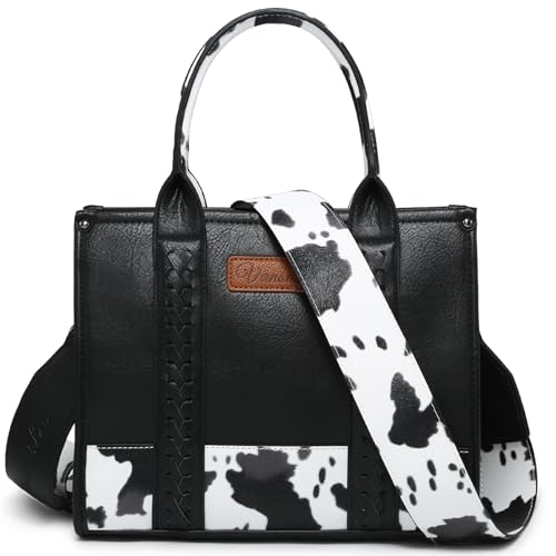 Denim Tote Bag for Women Top Handle Satchel Purse Boho Shoulder Handbags with Wristlet - color: Black