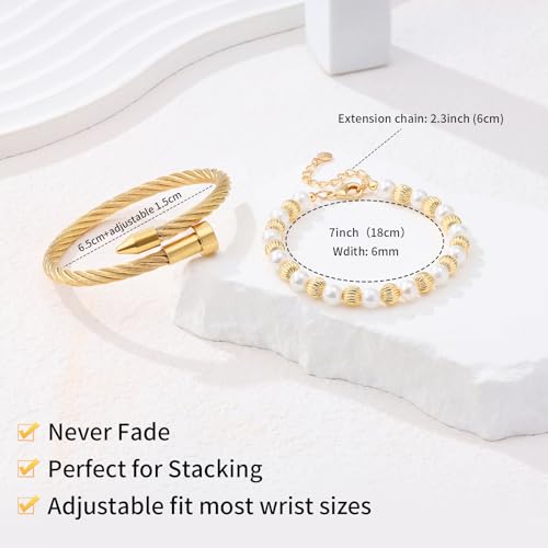 2PCS 18K Gold Plated Nail Bangle & Chain Bracelet Set for Women, Adjustable Stackable Bangle Jewelry, Dainty Gold Bracelet Gift for Women - color: Set C-peal