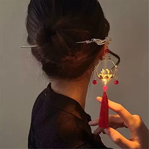 Chinese Hair Accessories Hair Stick Lantern Light Tassel Hairpins Coiled Hair Vintage Hair Bun Hair Pin for Women Red 1pc - color: Red
