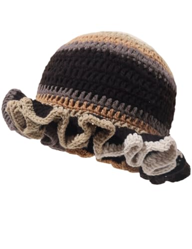 KORADI Womens Crochet Bucket Hat Ruffled Brim Knitted Hats Winter Boho Handmade Caps - color: Coffee