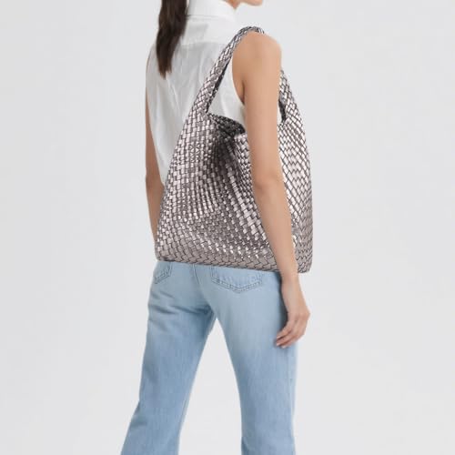 Woven Tote Bag For Women, Large Vegan Leather Travel Handbag, Casual Work Shoulder Bag, Underarm Commuter Hobo Bag With Purse - color: Silver
