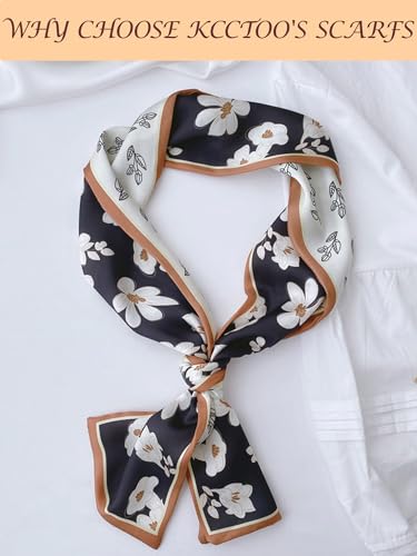 kcctoo 59" Mulberry Silk Like Head Scarf Women's Fashion Square Neck Satin Scarfs for Bag Hair Scarves Gift 59 * 5.9” - color: B005-black & White Camellia Silk Scarf