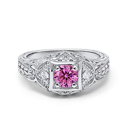 Blue Apple Co. Art Deco Ring Round Cubic Zirconia Leaf Filigree Design Split Shank Twisted Band Bridal Statement Wedding Engagement Rings For Women 925 Sterling Silver Gifts For Her - color: Simulated Pink CZ