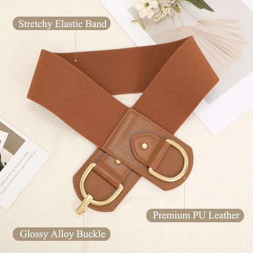 Wide Belts for Women Fashion Elastic Belt for Dresses Vintage Waist Belt Ladies Stretchy Belt Gold Buckle - color: Brown(gold), size: Fit Waist Size 31"-34"