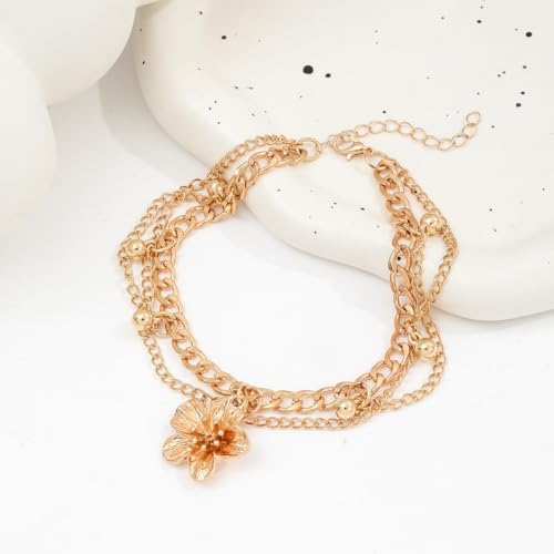 Ankle Bracelets for Women Gold Anklets for Women Waterproof Summer Beach Jewelry Pink Blue White Silver Flower Anklets for Women Plus Size Anklet Bracelet for Big Ankles Foot Jewelry - color: 1 - gold