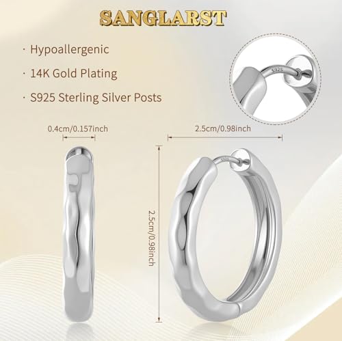 14K Gold Plated Chunky Hoop Earrings for Women, Hypoallergenic 925 Sterling Silver Posts, Lightweight Stylish Jewelry - color: SILVER